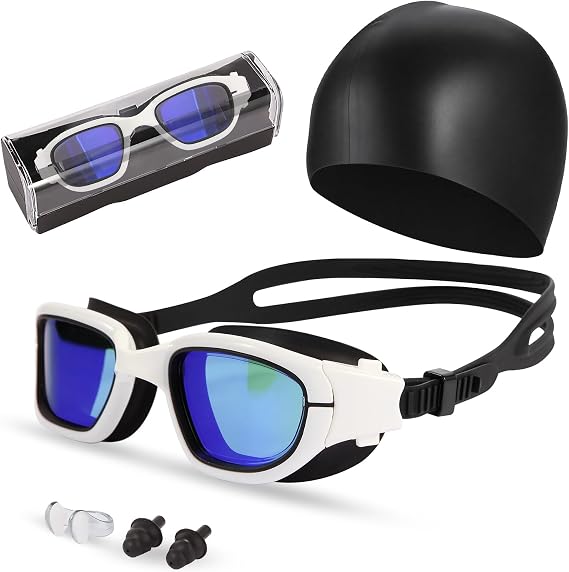 Swim Goggles, Goggles Adult with Swimming Cap, Nose Clip & Ear Plugs, UV Protection Anti-Fog Lens and Case for Adult