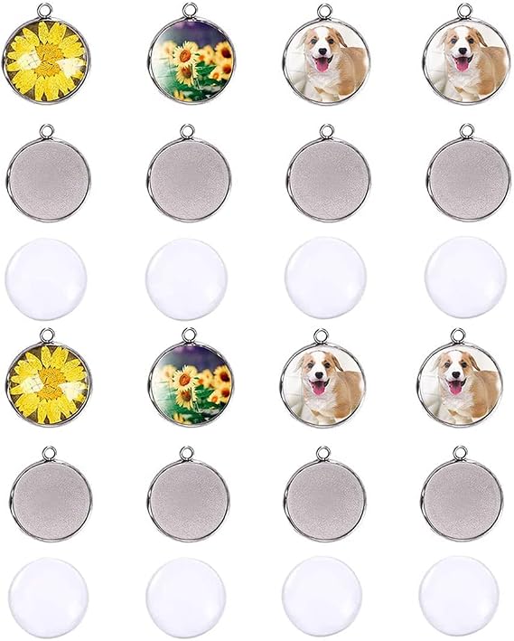 LANBEIDE 25mm + 20mm Stainless Steel Pendant Trays for Jewelry Making Kits, 40 Pcs 25mm Bezels with 40Pcs 25mm Clear Cabochons, 30 Pcs 20mm Bezels with 30Pcs 20mm Clear Cabochons