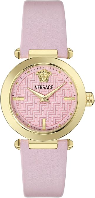 Versace Greek Womens Watch, Swiss Made Luxury Designer Watch with Pink Greca Dial, Yellow Gold IP 35mm Case, Pink Calf Leather Strap, Ardillon Clasp, 5 ATM