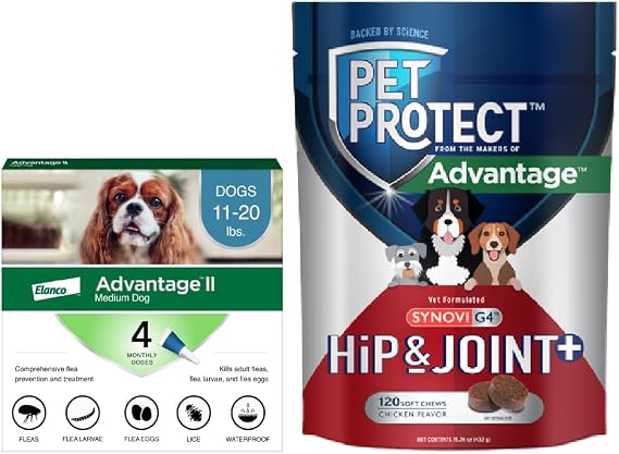 Bundle of Advantage II Medium Dogs 11-20 lbs. | 4-Month Supply + Pet ProtectHip & Joint Supplement for Dogs | 60 Chews