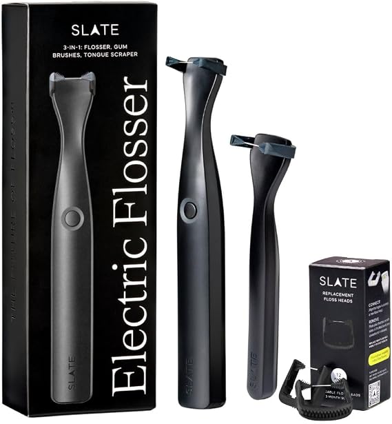Slate Origin Electric Flosser, 3-in-1 Battery-Powered Oral Care, Black | Dentist-invented 3-in-1 flosser, reusable floss heads, gum brushes, tongue scraper, 12,000 sonic vibrations, PFAS/PTFE-free