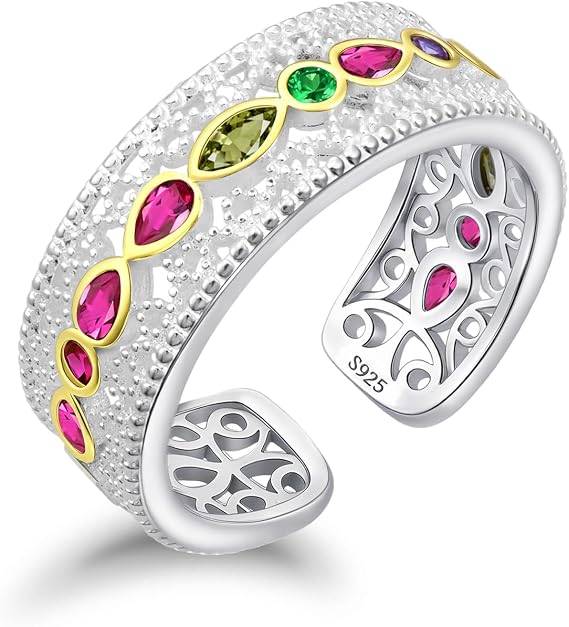 Sterling Silver Vintage Filigree Open Ring for Women, Boho Princess Wide Wedding Cocktail Band Thumb Ring, Adjustable Statement Birthstone Jewellery Gift