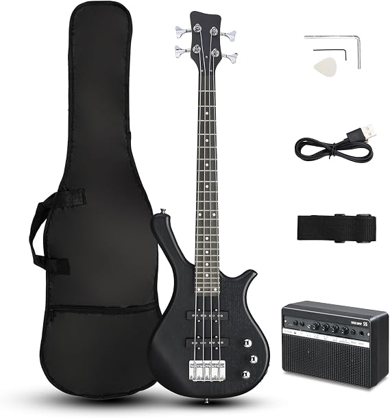 Ktaxon 36 Inch Bass Guitar 4 String Electric Bass Guitar (Full-Black) | Dual Connectivity & Portable Power 15W Amp, Excellent Tone, Exquisite Craftsmanship and Ergonomic Body Design for Beginner