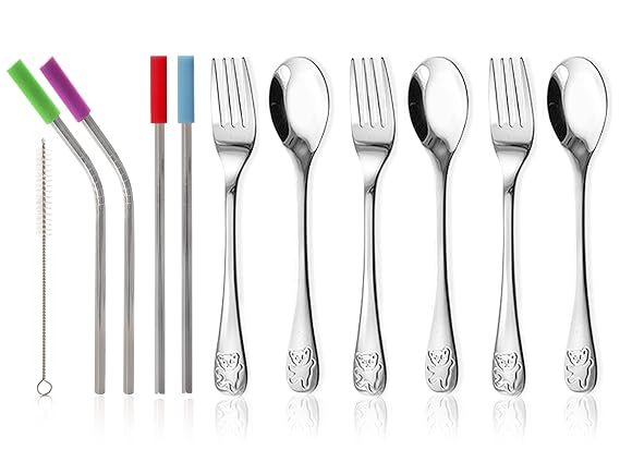 15-Piece Silverware Set - Stainless Steel Toddler Kids Utensils, 3 Forks, 3 Spoons, 4 Straws with Silicone Tips and Brush