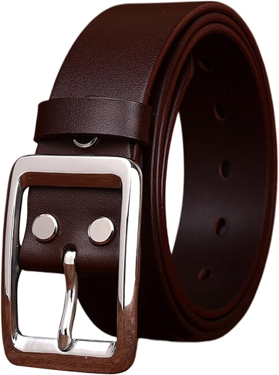 Cowhide Full Grain Real Leather Belt Men, Vintage Silver Metal Single Prong Rectangle Buckle Unisex Belt for Jeans