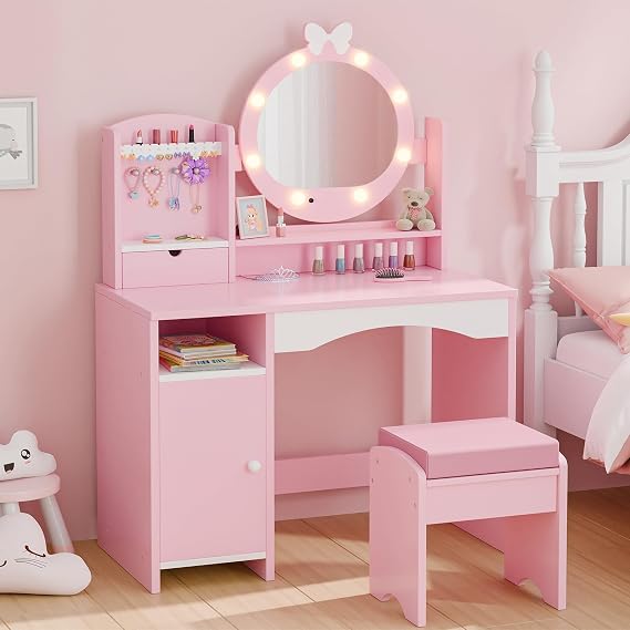 MU Kids Vanity Table and Chair Set Princess Girls Vanity Set with Mirror, Lights, Jewelry Storage, and Cushioned Stool, Toddler Makeup Vanity for Little Girls (Pink)