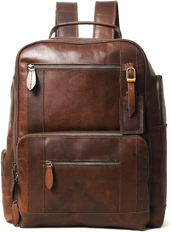 Gratlin Buffalo Leather Backpack for Men 16 Inch Vintage Brown Full Grain Multi Pockets Business Travel Daypack Shoulder Rucksack Knapsack
