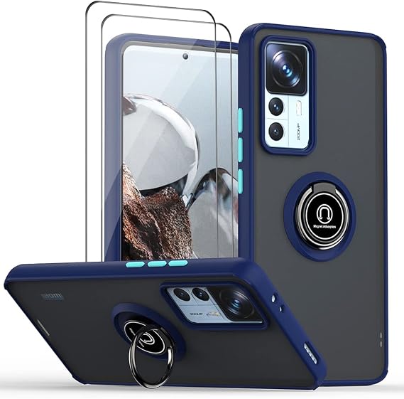 QUIETIP Case Compatible Xiaomi 12T/12T Pro,TPU + Hard PC Shockproof Magnetic Ring Car Mount Holder Bumper Cover with Screen Protector,Blue