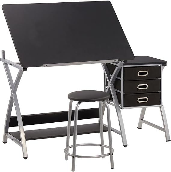 Adjustable Drafting Table for Artists with Stool, Sturdy X-Cross Metal Frame Drawing Table with Storage Drawers, Art Desk with Tilted Tabletop, Craft Station Writing Computer Desk, Black