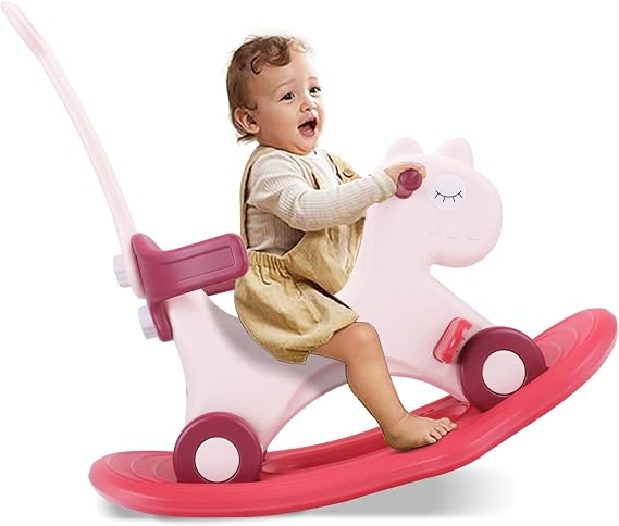 Ancaixin 4 in 1 Rocking Horse for Toddlers 1-3 Years Old, Balance Bike Ride On Toys with Push Handle, Backrest and Balance Board for Baby Girl and Boy, Unicorn Kids Riding Birthday