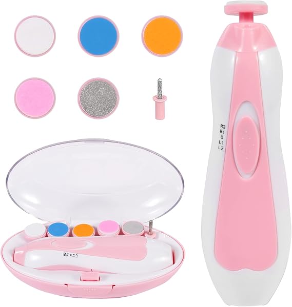 Baby Nail Trimmer Electric, Low Noise Newborn Safe Nail Clipper Kit with Light and Replaceable 6 Grinding Heads, Hand-Holding Care Polish and Trim for Infant Toddler Adults Toes Fingernails, Pink