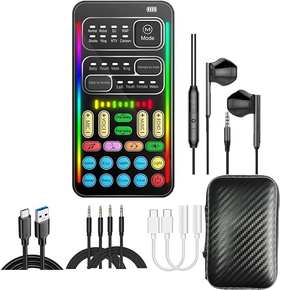 Voice Changer Sound Card Kit for Gaming, Streaming & Content Creation | Complete kit with mic headset and adapter, ready to use with simple plug and play setup.