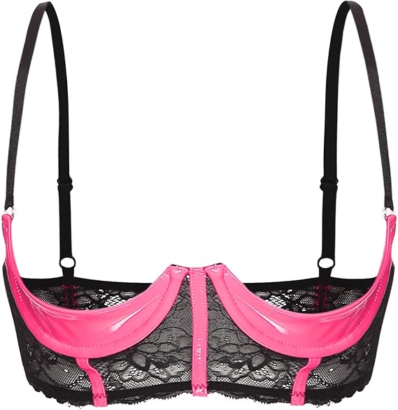 YiZYiF Women's 1/4 Cups Faux Leather Cupless Cage Bras Wet Look Lingerie Hollow Out Nipples Bra Tops