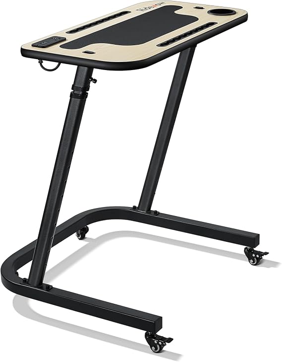 RideNow Roller Trainer Table Adjustable Bicycle Table and Treadmill Table with Wheels Non-Slip Wooden Work Surface with Sockets Slot for Tablet or Phone Drink Holder
