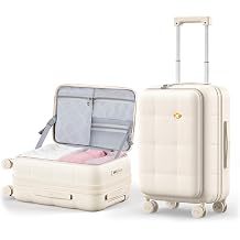 20inch Side Open Cabin Suitcase - Carry on Luggage Airline Approved, PC Hardshell with TSA Lock & 4 Dual Spinner Wheels, 62L Lightweight Expandable Carry Suitcase for Women (Beige, 20 inch)