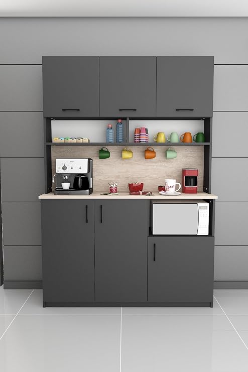 ASRA TREND Koyu Gri - Sidon Meşe Desen KAHVE03 Çok Amaçlı Mutfak Dolabı 138x200 cm Mikrodalga Fırın Bölmeli Geniş Kiler Dolabı Modern Kahve Köşesi Ünitesi%100 MDFLAM