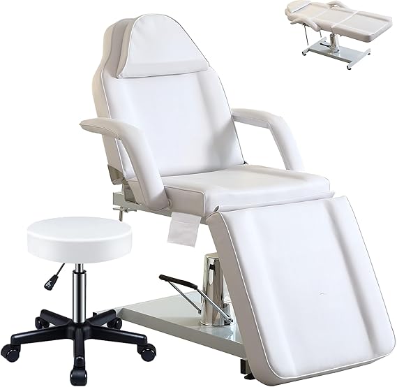 LSLIFE Hydraulic Massage Table Beauty Bed with Stool Swivel Massage Chair with Head Cushion 3 Section Adjustable Beauty Bed Professional Tattoo SPA Salon Chair (White)