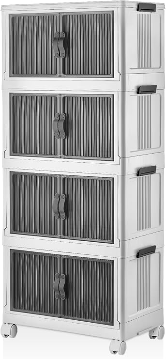 Deconox 4 Layers Portable Organizer Multi-Purpose Foldable Cabinet with Wheels, Organizer Shelf with Lid Tidying Unit for Kitchen, Bathroom, Children's Room, Garage and Storage, Stop Wheeled (WHITE)