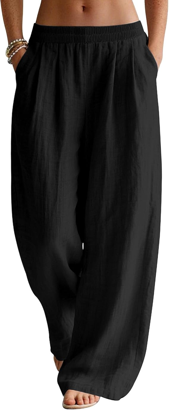 LOMON Linen Pants Women Wide Leg Cotton Summer Pockets Pants Beach Vacation | Flowy Clothes Elastic Waist Palazzo Travel Pull On Trousers