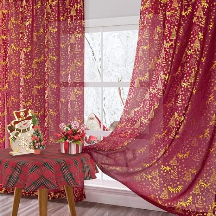 Red and Gold Curtains 96 Inches Long 2 Panels Set for Sliding Glass Door,Elegant Glitter Shimmer Sparkle Sheer Patterned Luxury Curtains for Living Room Floor Length,Cortinas Navidenas Para Sala