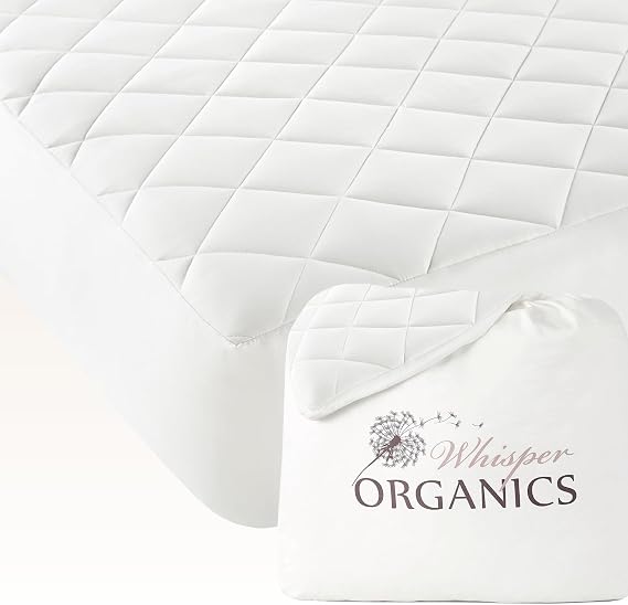 Whisper Organics 100% Cotton Organic Luxury Quilted Mattress Pad Protector | Premium 400GSM Thick, Plush Soft & Breathable Mattress Cover, Machine Wash, Deep Pocket, Fairtrade & GOTS Certified (King)