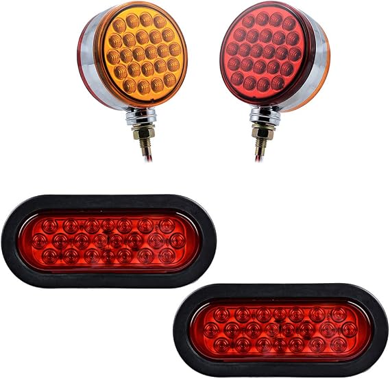 2X Double Face 48-LED Pedestal Stop Turn Signal Side Marker Lights + 2X Oval 22-LED Brake Stop Tail Lamps Grommet Plug Compatible with Truck Trailer Kenworth Peterbilt Freightliner Mack Western Star