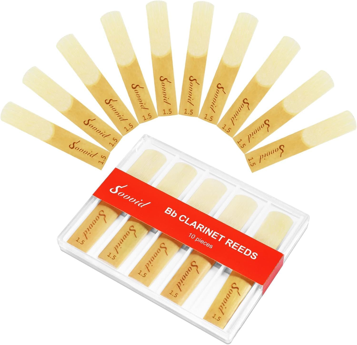 Bb Clarinet Reeds - 10 Pack, Strength 1.5 with Plastic Box, Thinner Tip & Unfiled Cut for Easy Play