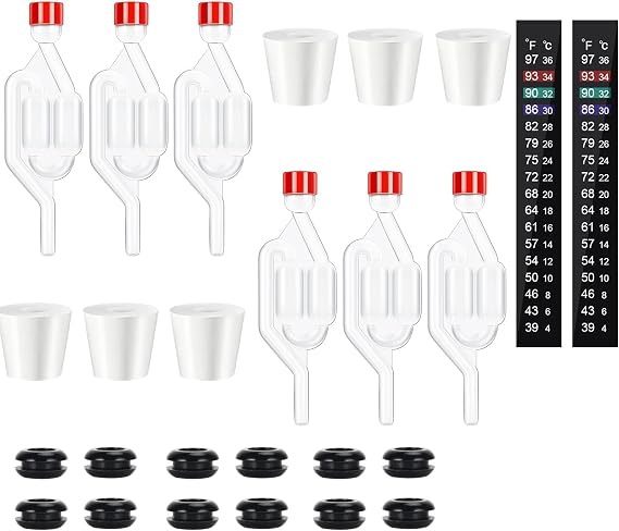 6 Pack Twin Bubble Airlocks for Fermenting with Thermometer Strips