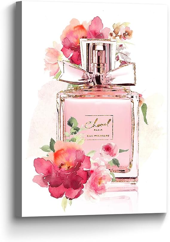 Color Play Makeup Room Canvas Wall Decor: Glam Pink Fashion Paris Perfume with Flower Art Vogue Chic Trendy Picture Modern Romantic Peony Floral Painting Artwork for Girls' Room Bedroom