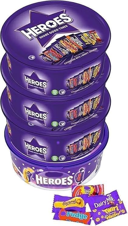 4 x Heroes Chocolate Tub 475g | Assorted Individually Wrapped Mini Chocolate Bars | Sharing Chocolate Tub | Chocolate Gift for Family & Christmas Celebrations