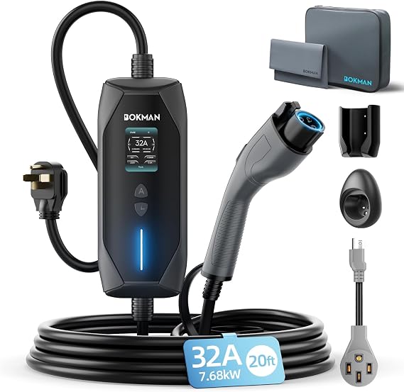 bokman Level 1 & Level 2 EV Charger, 32A 20ft, NEMA 14-50P/5-15 Adapter | Dual 120V/240V, Adjustable 6-32A & 1-12H Delay timer, IP65, J1772 Connector