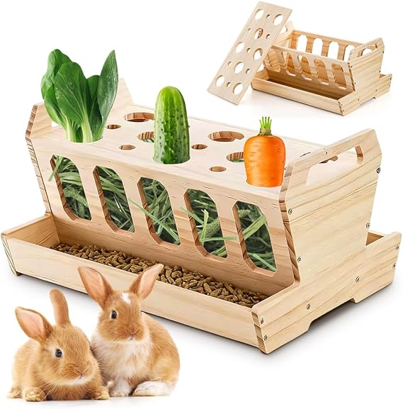 RANJIMA Wooden Hay Rack for Rabbits Feeding Rack with Carrot Holder Hay Feeder for Cage Hay Rack Feeding Bowl for Rabbits Hamsters 30 x 20.5 x 18 cm