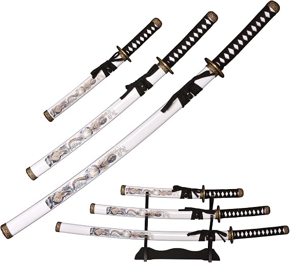 3 Piece Set Sword Metal Sword Plastic Sheath Black/White/Blue with Display Stand