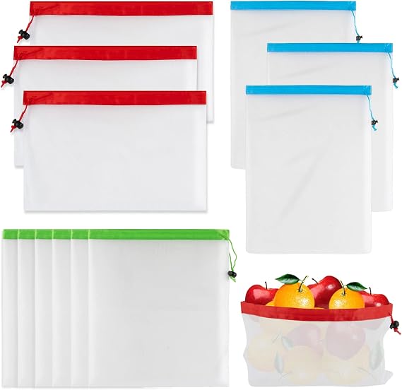 MAQIHAN 12PCS Reusable Produce Bags - Mesh Bags Drawstring for Food Storage | Washable Grocery Shopping Bag, Green Net Bag for Refrigerator Fruits Vegetables Protection, Keep Food Fresh, Toy Organization