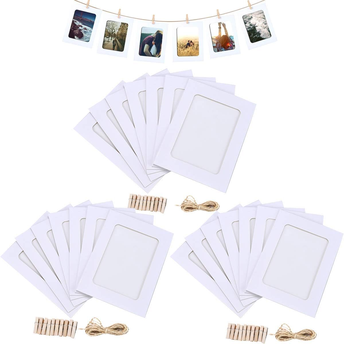 Enenes Paper Picture Frames, 4x6 Inch Kraft Paper Photo Frame,DIY Photo Frames with Wood Clips and Jute Twine for Home Wall Decor School and Office White, 4x6 Inch，30PCS