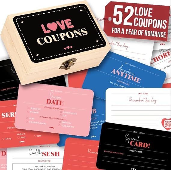 STOFINITY 52 Love Coupons for Him - Couples Coupon Book for Boyfriend Husband, Blank Coupon Cards Valentines Day Gifts for Girlfriend, Romantic Love Vouchers Cards Box Anniversary Keepsake Gift