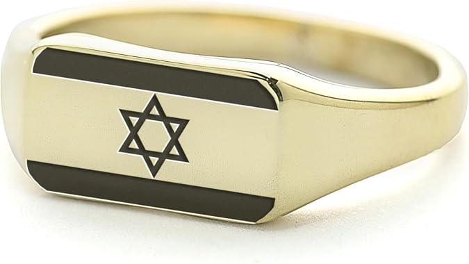 Israel Flag Gold Signet Ring - Engraved Israeli Design - Customized Unisex Delicate Ring