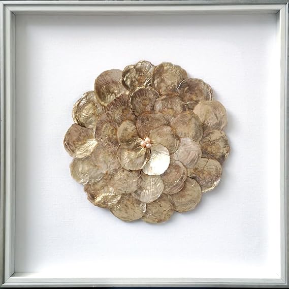 Capiz Sea Shell Framed Wall Art 3D Shadow Box Abstract coastal wall handcraft for home decoration (sea shell 19.6"x19.6" pattern A)