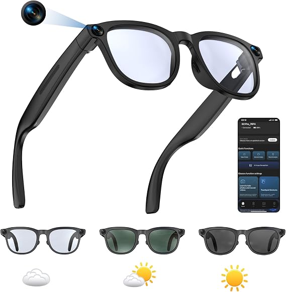 AI Smart Glasses with Camera, 1080P Video Recording Camera Glasses for Men and Women, Real Time Translation, AI Voice Assistant, Bluetooth Audio, WiFi Transfer for Vlogging, Sports, Travel (Black)