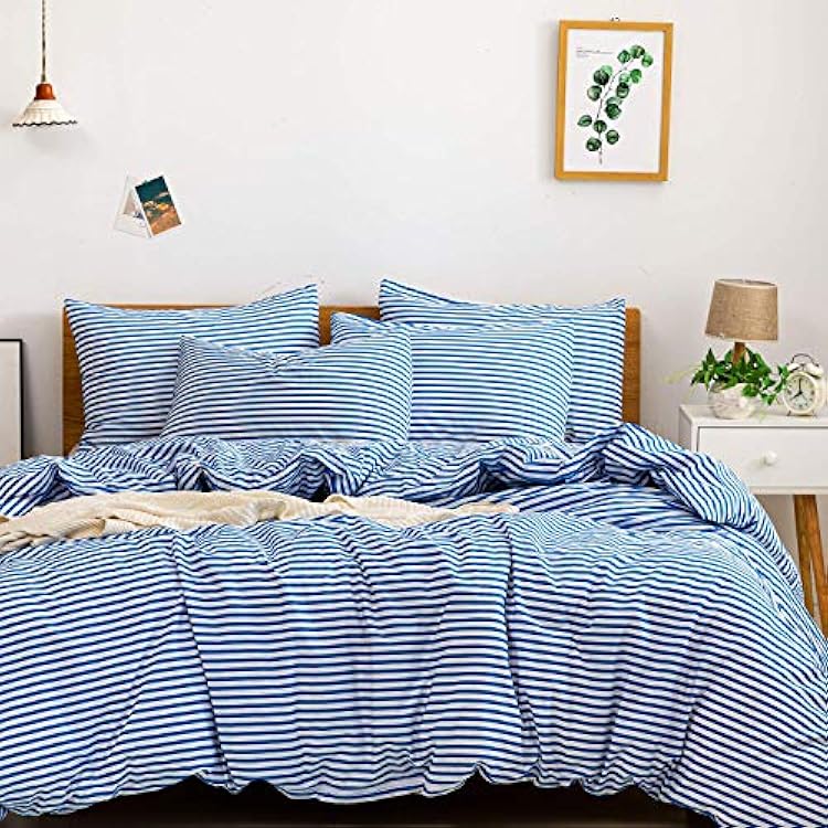 JELLYMONI 100% Natural Cotton 3pcs Striped Duvet Cover Sets,White Duvet Cover with Blue Stripes Pattern Printed Comforter Cover,with Zipper Closure & Corner TiesFull Size
