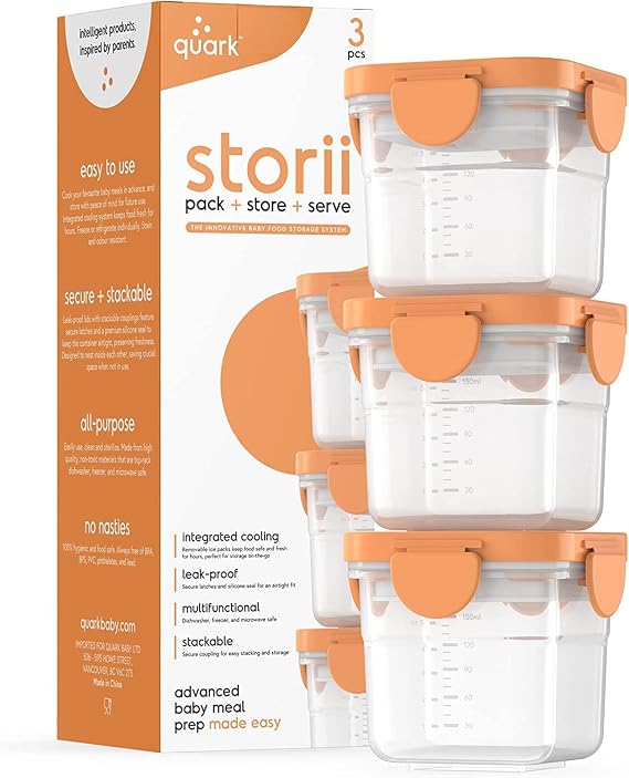 Quark Storrii Baby Food Containers with Freezer Safe Lids, Locking Tab Lids with Built in & Removable Ice Pack - Microwave & Top Rack Dishwasher Safe - 3 x 5oz Meal Prep Containers