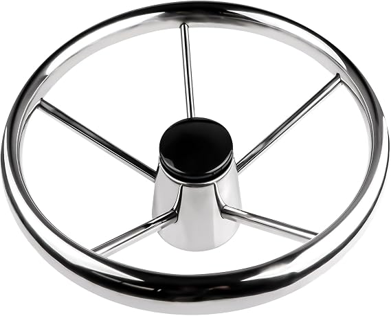 13.5" Destroyer Style Marine Steering Wheel 5-Spoke Stainless Steel, 3/4" Tapered Shaft, Universal Fit for Pontoon, Bass Boat, Yacht & Sea Vessels, Center Cap Included