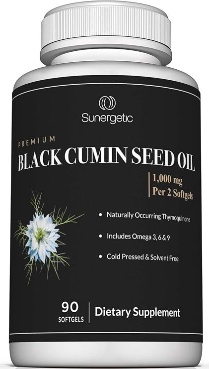 Sunergetic Premium Black Cumin Seed Oil Softgels 1,000mg of Black Seed Oil Per Serving Non GMO Cold Pressed Nigella Sativa Includes Thymoquinone & Omegas - 90 Softgels