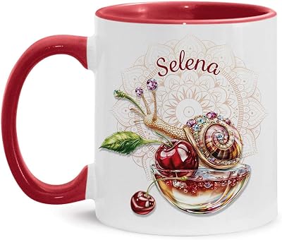Animal Themed Ceramic Cup, Snail With Cherry Bowl Design Mug, Custom Name Snail Lover Cup, Customized Snail Coffee Mug 11oz 15oz, Personalized Snail Cup, Animal Mug For Children