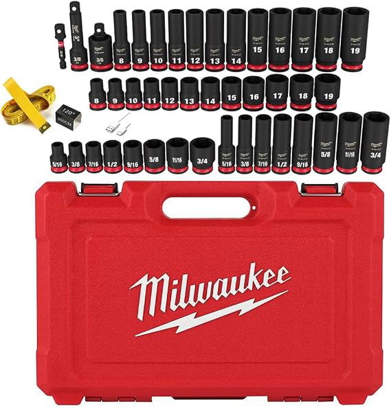 Milwaukee 43-Piece Shockwave Impact Duty 3/8" Drive SAE & Metric Deep 6-Point Socket Set with Accessories, MILWAUKEE 49-6