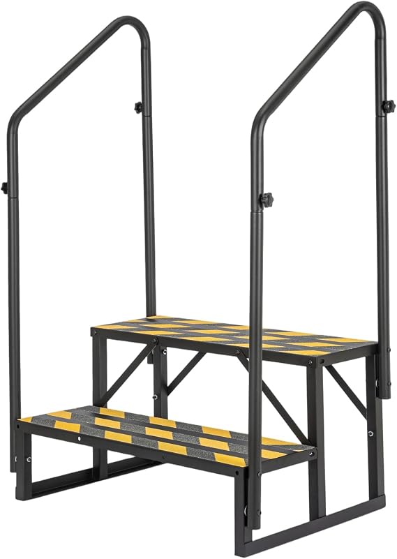 GROWNEER RV Steps with Handrails, 2 Step RV Stairs, Triangular Bracing Structure Supports Up to 730 lbs, Non-Slip RV Entry Steps for Travel Trailer Camper, Heavy Duty Portable RV Ladder,Hot Tub, Pets