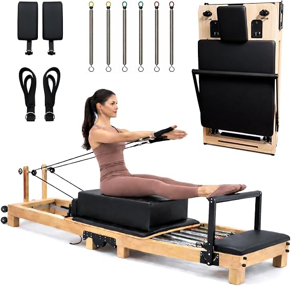 Foldable Pilates Reformer Machine - 91 in Easy Assembly with Included Sitting Box, Jumpboard, and Accessories - Wooden Foldable Reformer Pilates Machine for Home Workout or Professional Studio