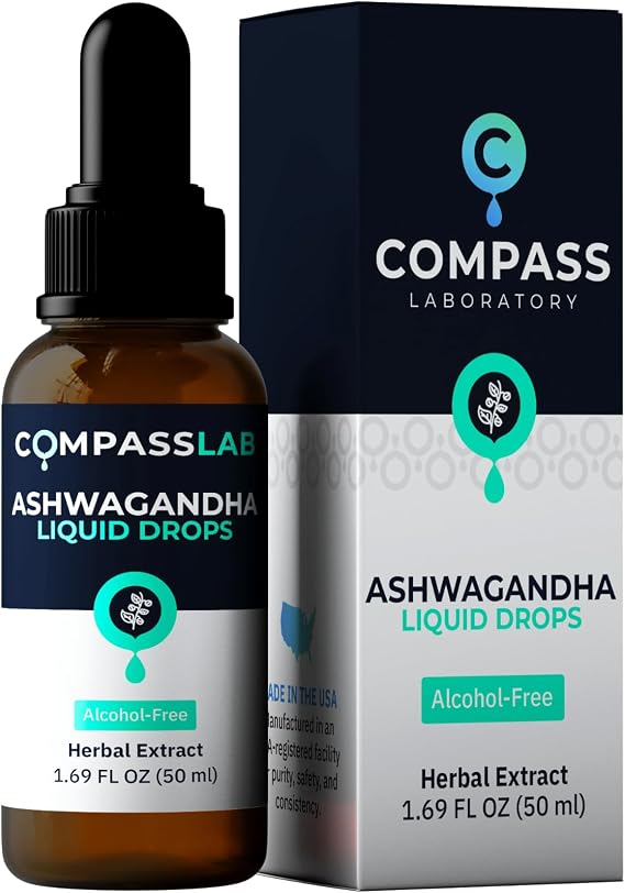 COMPASS LABORATORY Ashwagandha Liquid Drops - Mood Support and Wellness Supplement - Natural Cortisol Manager and Immune Booster - 2 fl oz