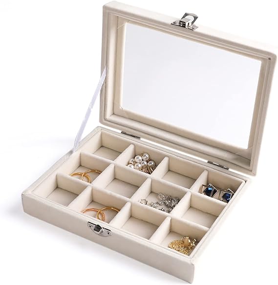 Tiny 12 Grid Earring Organizer Tray, Velvet Jewelry Box with Lid | Jewelry Tray With Lid,Adjuatable Dividers,Velvet Lining,Earring Organizer Box, Display Case,Drawer Insert,Gift For Women
