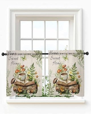Frog Botanical Sheer Curtains for Bedroom Living Room Window Tier Curtain 24 Inch Length, Butterfly Coffee Mushroom Watercolor Rod Pocket Voile Drapes Kitchen Curtains Small Half Window 2 Panels